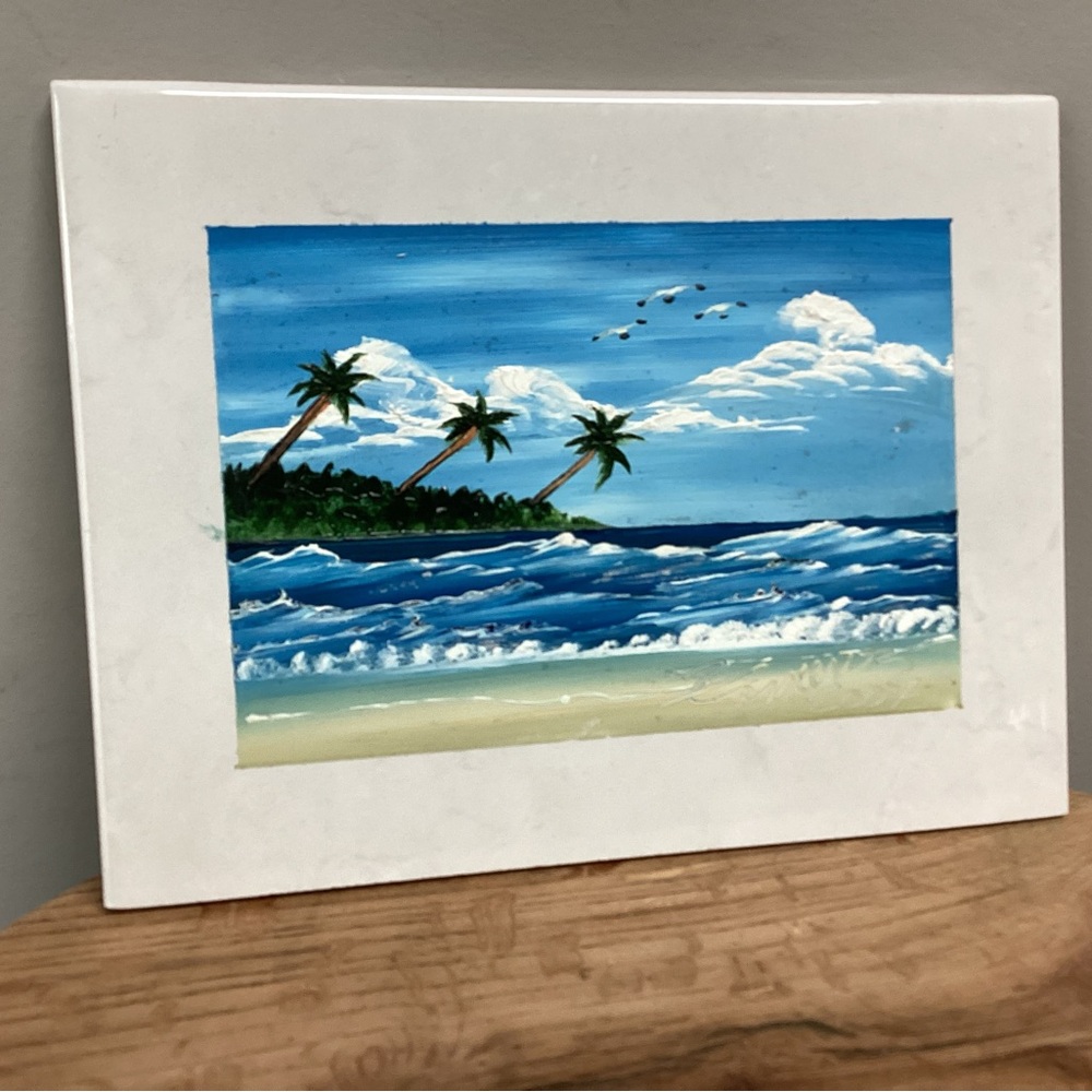 Beautiful Hand Painted Tile - Beach Sand Ocean Palm Trees Seagulls Island Waves